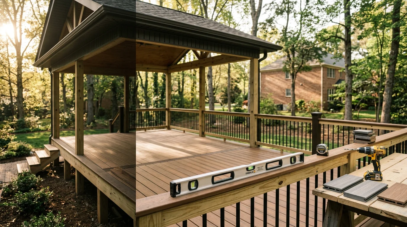 Composite deck with outdoor seating area overlooking backyard