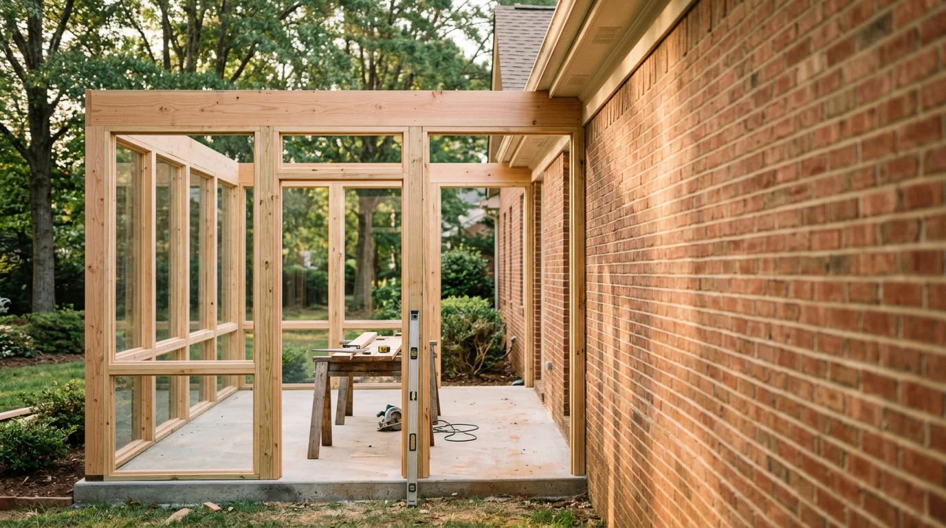 Home addition construction showing new room attached to existing house