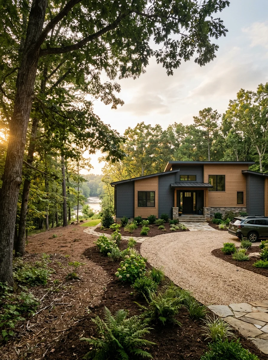 New construction home near Catawba River in Belmont with modern design and landscaping on larger lot