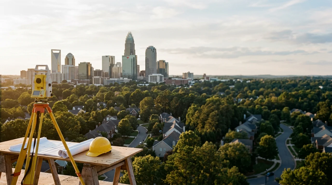Charlotte skyline with Uptown towers and residential neighborhoods visible in daylight.
