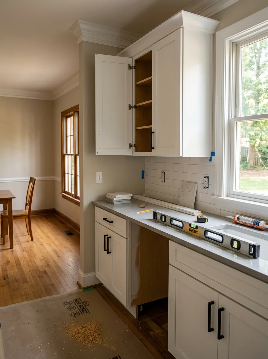 Kitchen remodel in progress in a Cornelius home, displaying new cabinetry and countertop installation
