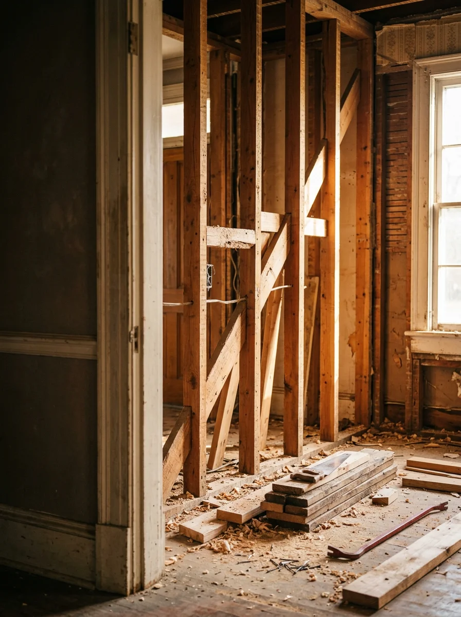 Structural framing and wall removal in progress during a Lancaster home renovation