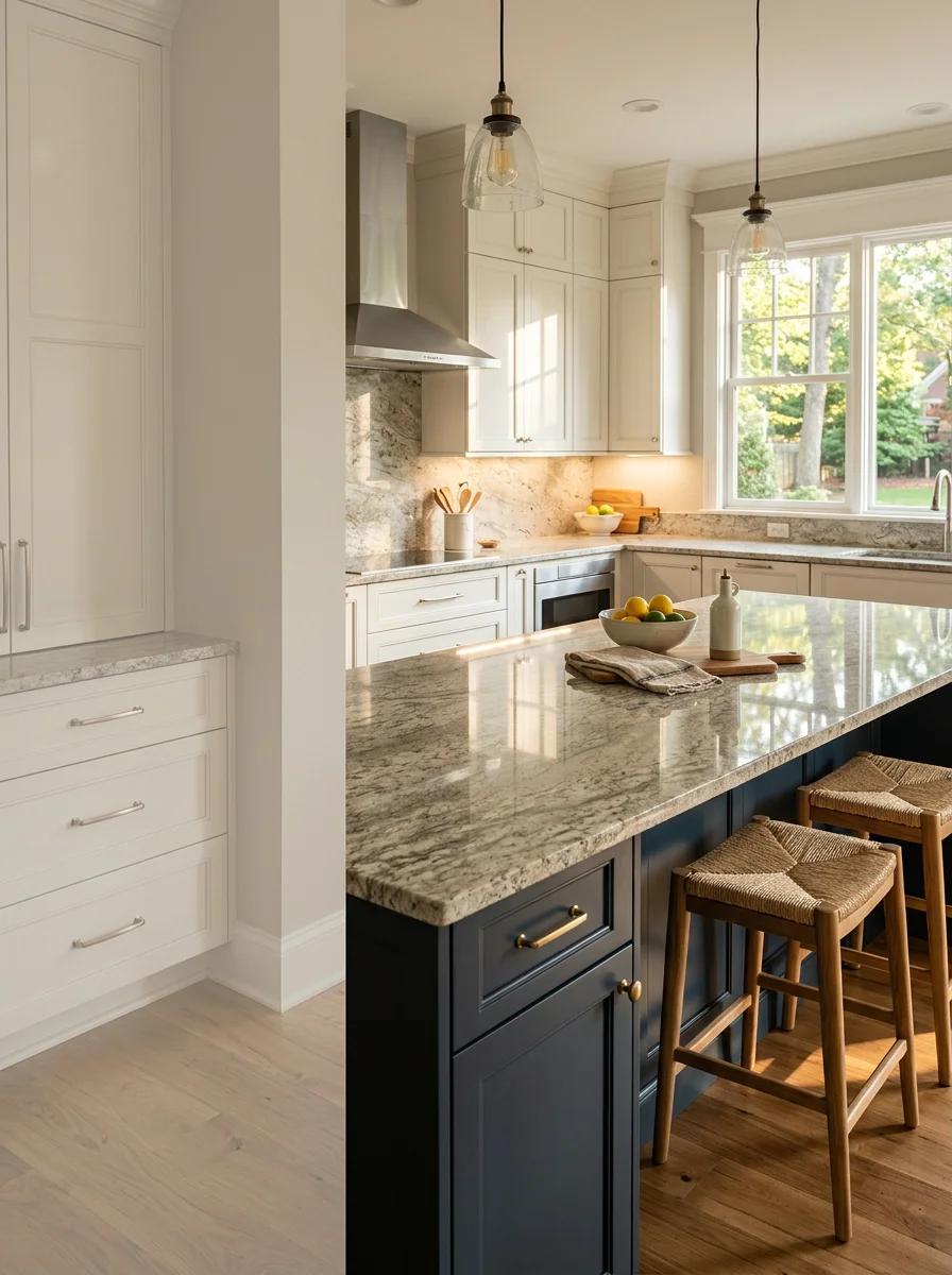 Modern kitchen remodel in Matthews home with custom cabinetry, granite countertops, and island seating