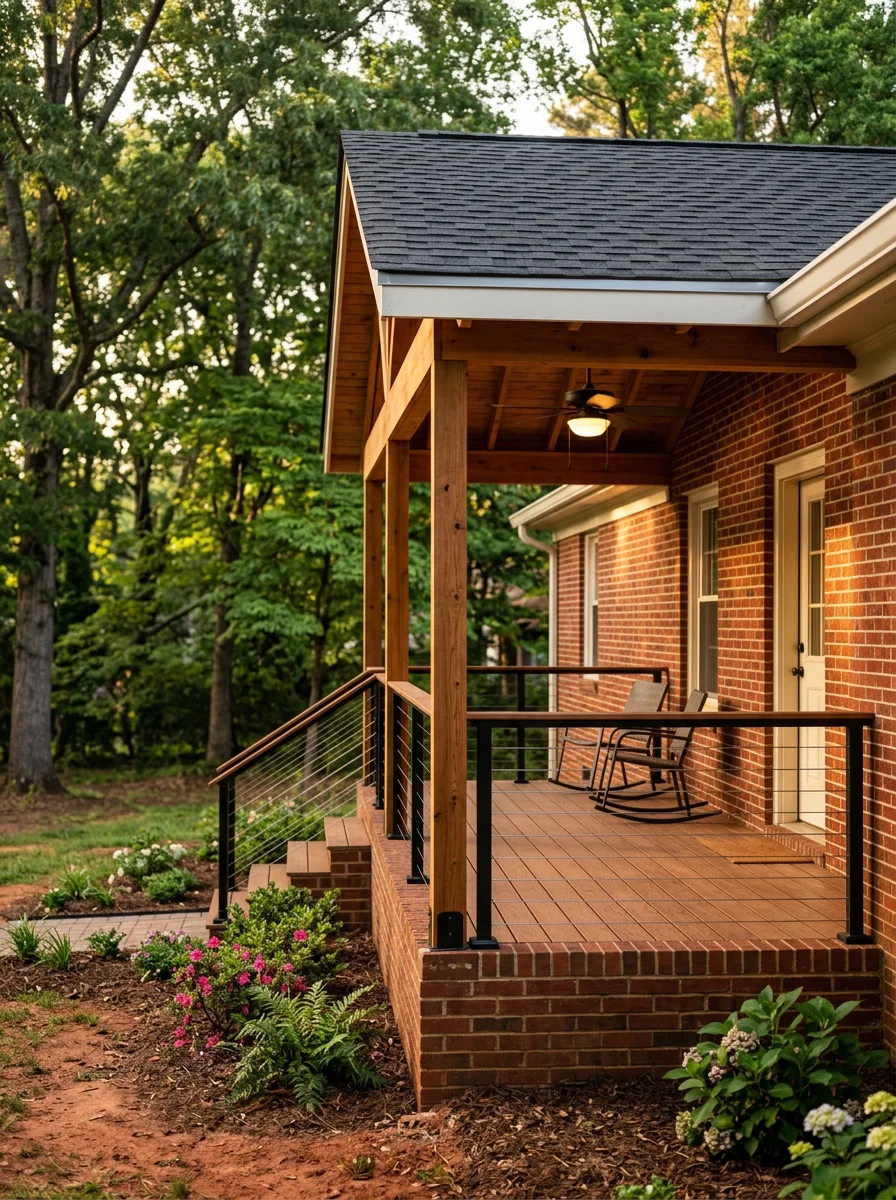 Covered porch addition on Pineville home with composite decking and metal railings