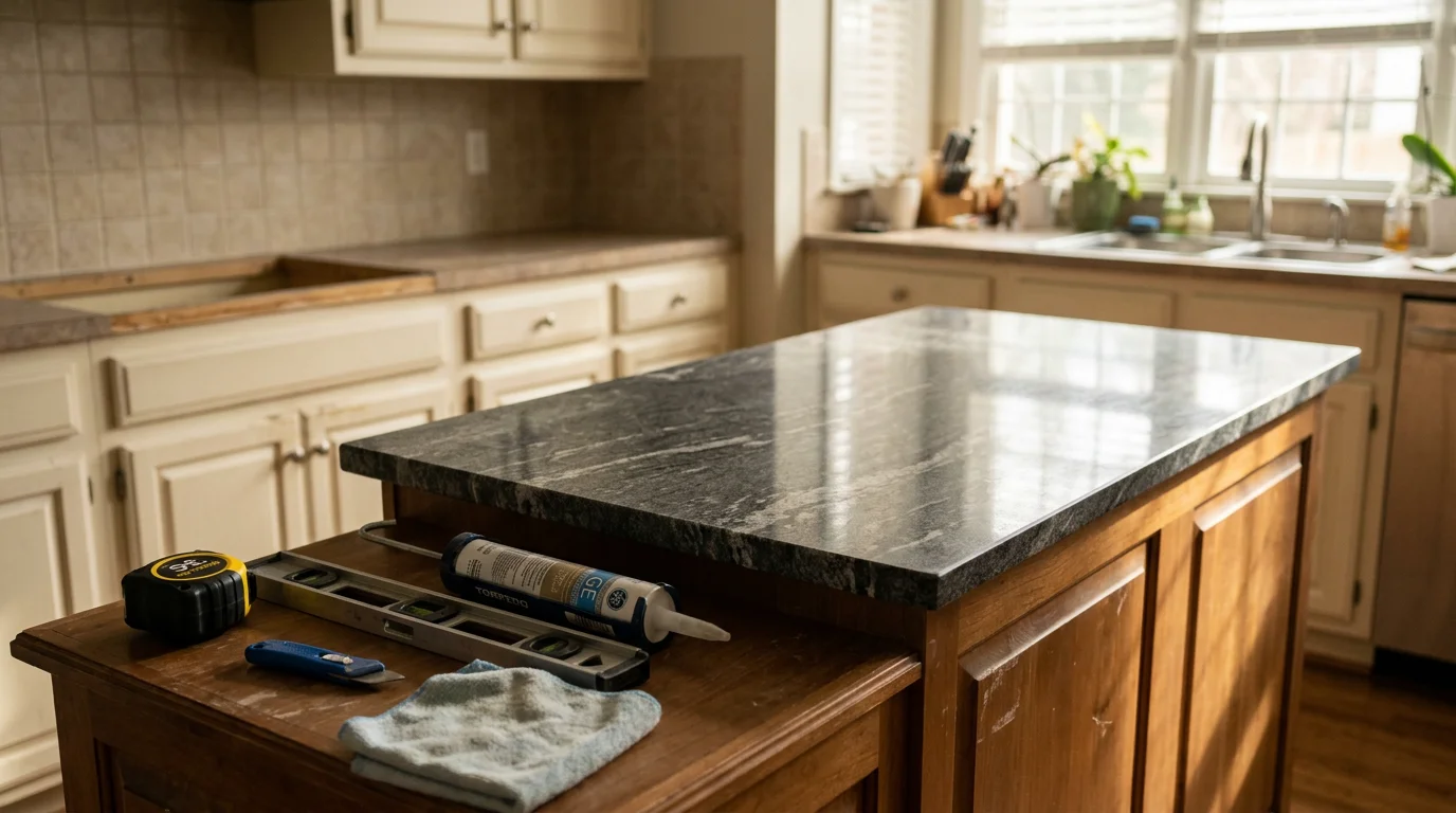 A newly installed stone countertop on white shaker cabinets in a Charlotte, NC kitchen, with a undermount sink and clean edge profile visible. The surface runs along a standard L-shaped layout typical of updated Charlotte homes.
