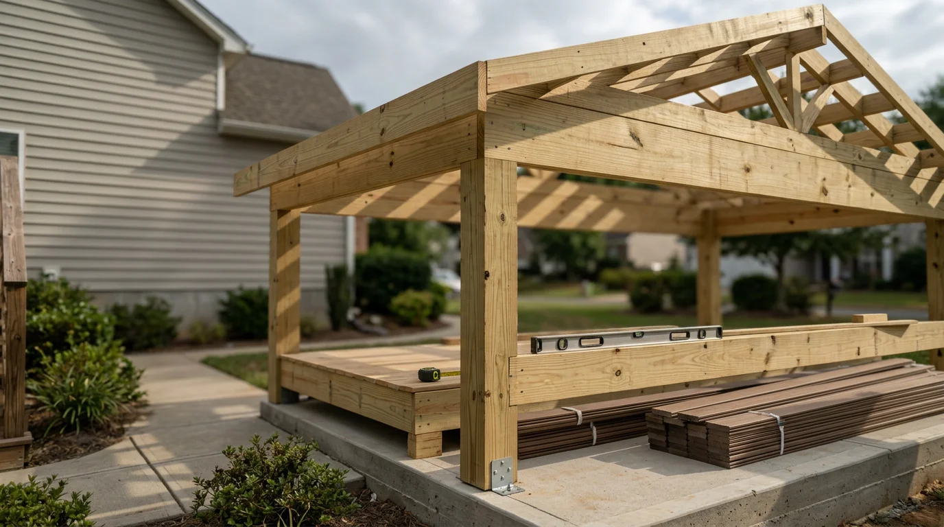 A newly constructed covered porch on a residential home in Charlotte, NC, featuring a pitched roof, painted wood columns, and a clean decking surface viewed from the backyard. The open-sided structure is attached to the rear of the house with a roofline that matches the existing home exterior.