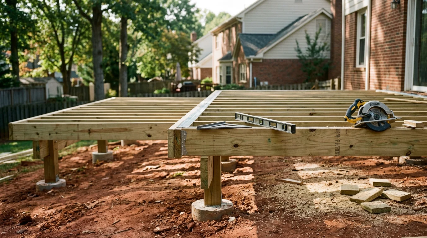 A newly constructed multi-level wood deck attached to the back of a Charlotte, NC home, featuring clean railing lines and open stair access to the backyard. The structure shows exposed beam framing and a ledger connection to the home's exterior wall.