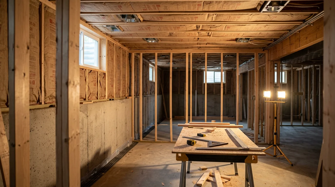 A newly finished basement in a Charlotte, NC home featuring framed walls, recessed lighting, and durable flooring ready for use as a living space. The room shows clean drywall, a defined layout, and moisture-resistant construction details throughout.