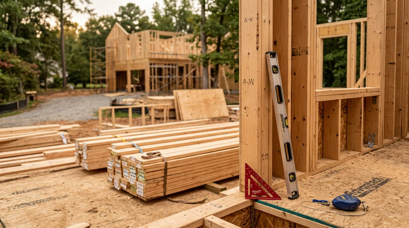 A wood-framed wall and floor system under construction at a residential project site in Charlotte, NC. Exposed lumber studs and floor joists show the structural skeleton of a home addition in progress.