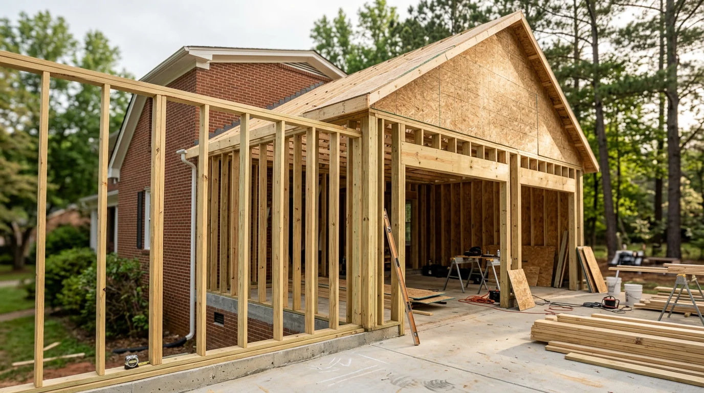 A newly built two-car attached garage addition on a residential home in Charlotte, NC, with an exterior finish matching the main house siding and a concrete driveway approach. The structure features a pitched roofline that ties into the existing home and a wide garage door facing the street.
