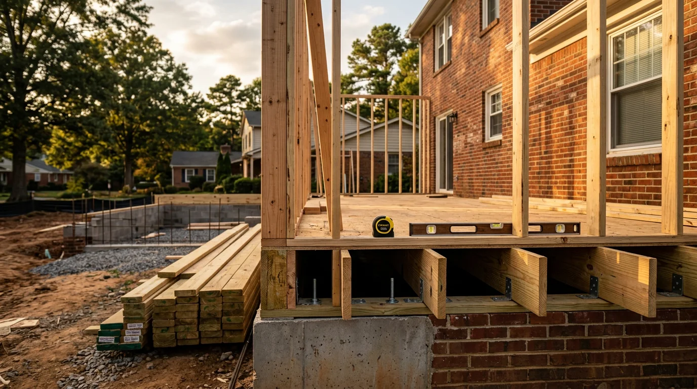 A newly completed home addition on a residential property in Charlotte, NC, showing a rear bump-out with matching exterior siding and roofline tied into the original structure. The expanded living space opens from the main floor and blends with the existing home's architectural style.