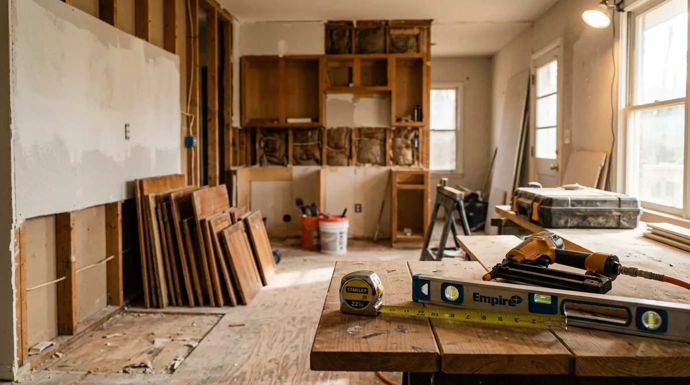 A renovated open-concept kitchen and living area inside a Charlotte, NC home, showing updated cabinetry, fresh drywall, and a reconfigured floor plan. The space reflects a completed interior remodeling project by a general contractor serving the Charlotte area.