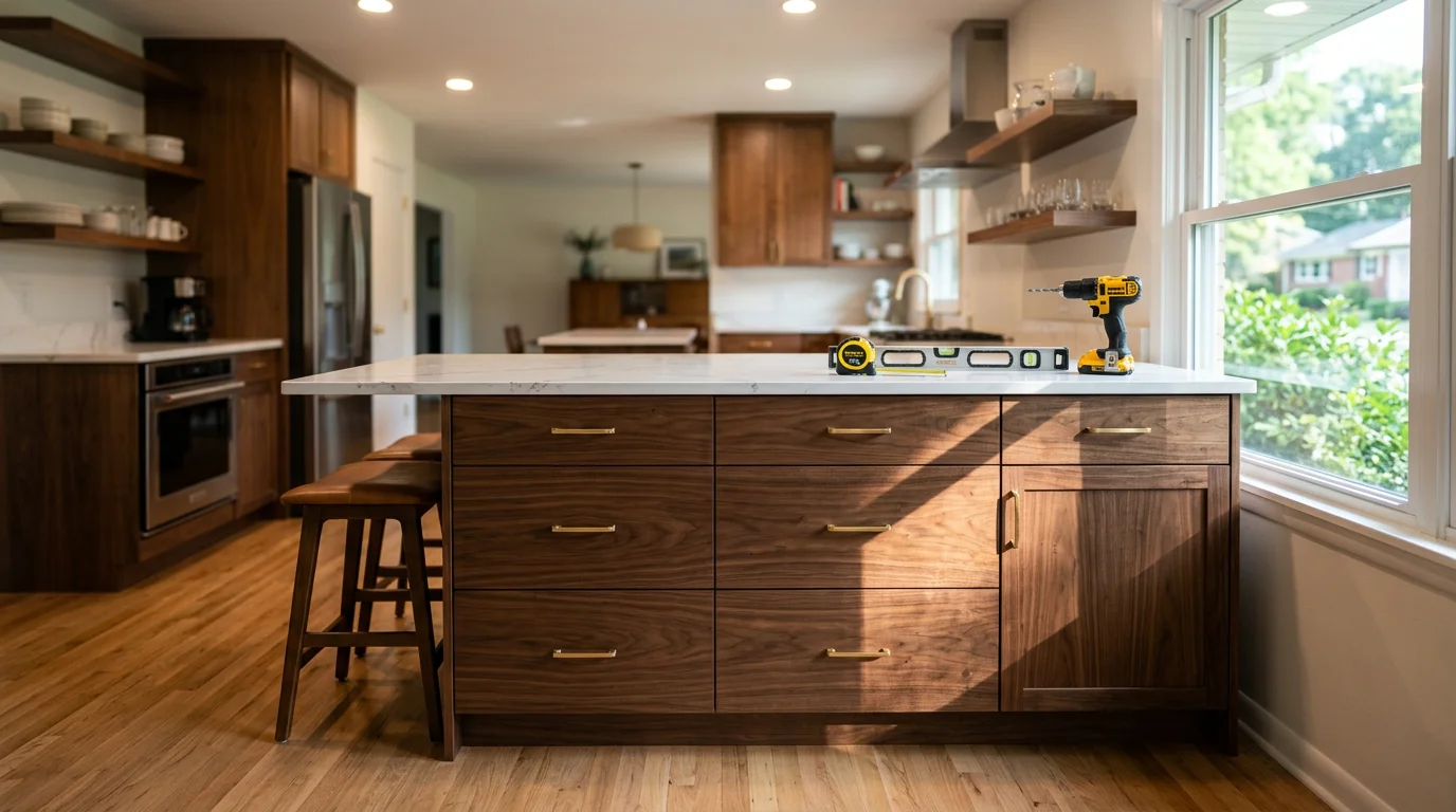 A newly installed custom kitchen island with base cabinetry and a stone countertop in a Charlotte, NC home. The island includes a seating overhang and pendant lighting above, set within an open-concept kitchen layout.