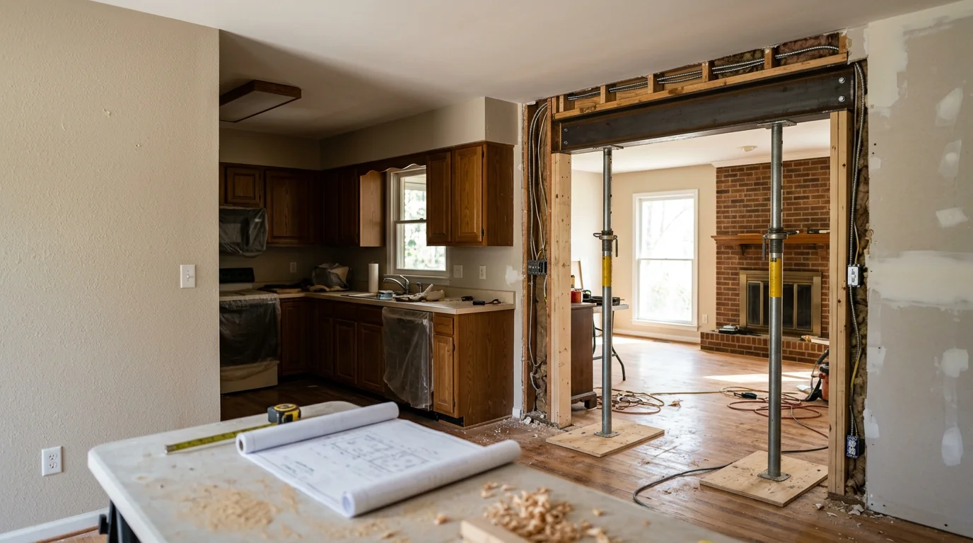 Interior of a Charlotte, NC home mid-reconfiguration showing a removed wall between a kitchen and living area with exposed structural framing and new beam installation. A general contractor reviews structural plans on-site before finish work begins.