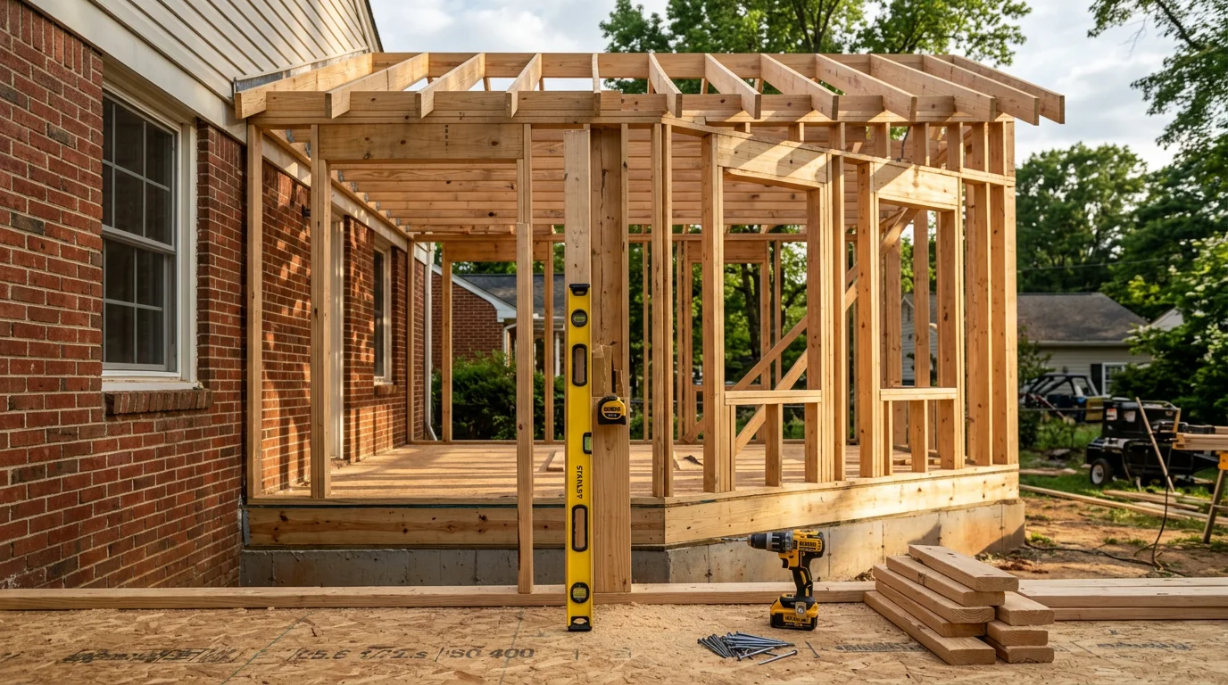 A newly constructed mother-in-law suite addition on a single-family home in Charlotte, NC, showing a private side entrance, matched exterior siding, and a small covered porch. The attached suite blends with the main structure's roofline and exterior finish.