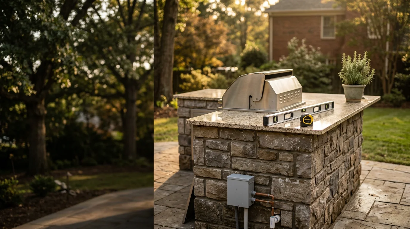 A completed outdoor kitchen installation in a Charlotte, NC backyard, featuring a built-in masonry cooking station with countertop space and integrated appliances on a paved patio. The structure reflects construction methods suited to the Carolinas' climate, with durable surfaces and a layout designed for outdoor entertaining.