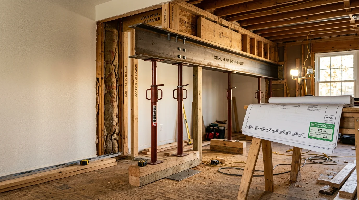 A Charlotte, NC home interior showing a newly opened floor plan where a load-bearing wall was removed and replaced with an engineered beam. Exposed framing connections and a clean ceiling line are visible in the finished space.