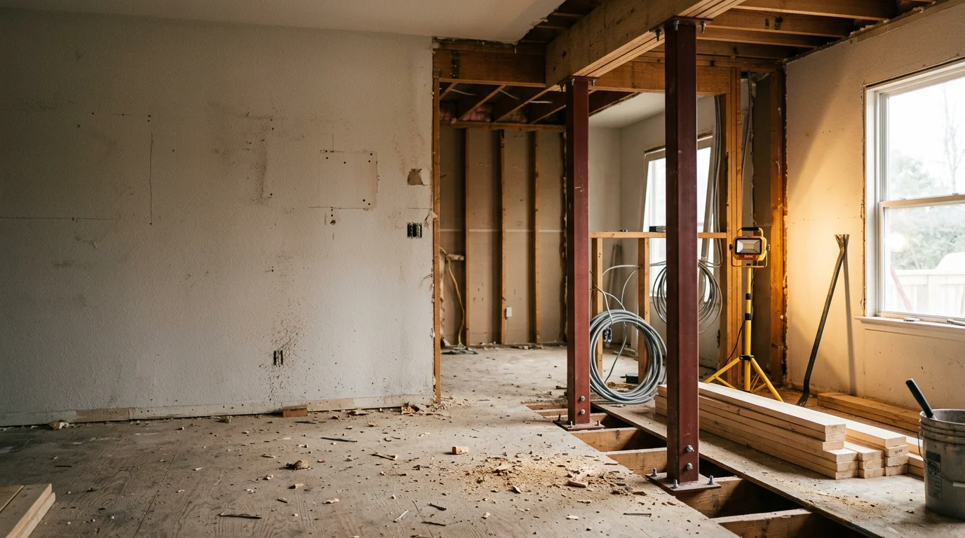 A Charlotte, NC home interior showing a newly opened floor plan after structural wall removal, with a visible engineered beam installed overhead and an unobstructed view between the kitchen and living area. Framing and beam placement reflect a completed load-bearing wall removal project by a licensed general contractor.