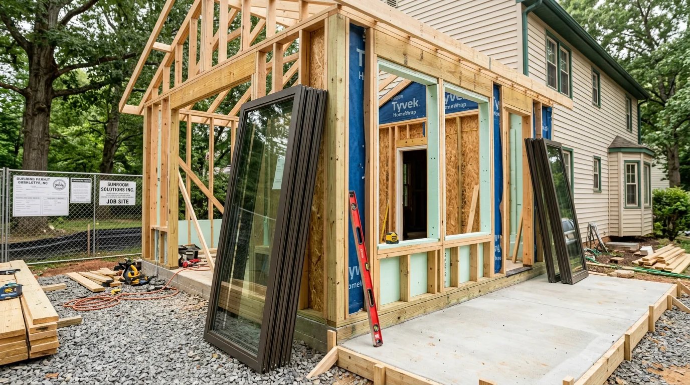 A newly constructed four-season sunroom attached to a residential home in Charlotte, NC, featuring large glass panels, a finished interior floor, and a view of the backyard. The room is framed with a pitched roof that matches the existing home's roofline.